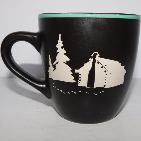 Bass Pro Shops Brown Cream Teal stoneware Coffee Mugs Camping Tent Scene - Picture 1 of 4